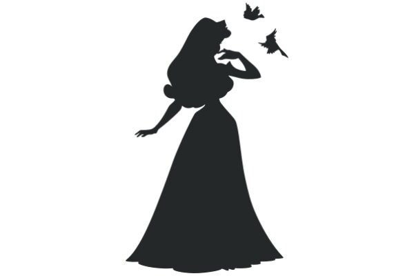 Silhouette of a Woman in a Gown with Birds in Flight