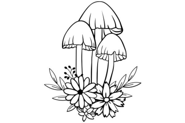 A Delicate Line Drawing of Mushrooms and Flowers