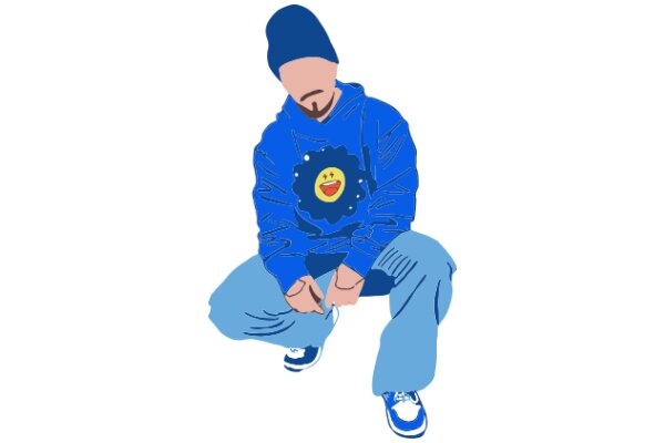 A Man in a Blue Beanie and Sweatshirt, Sitting and Looking Down