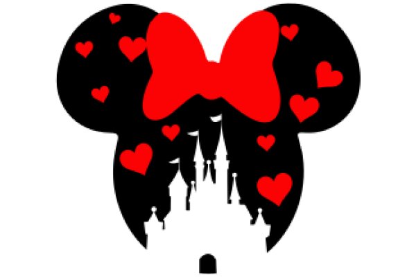 A Silhouette of Mickey Mouse's Head with Red Hearts and Castle Silhouettes