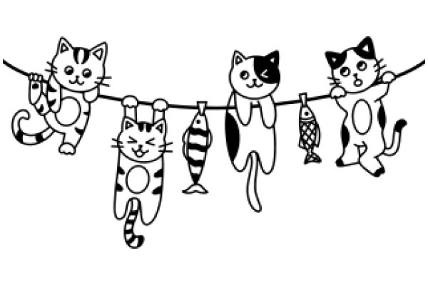 A Whimsical Scene of Cats and Fish: A Line Drawing