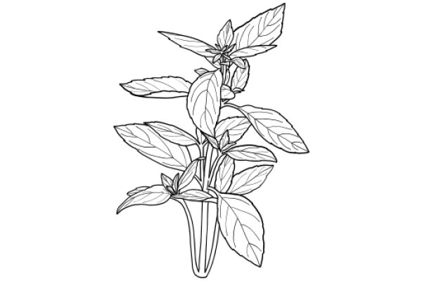 Stylized Line Drawing of a Plant with Leaves and Flowers