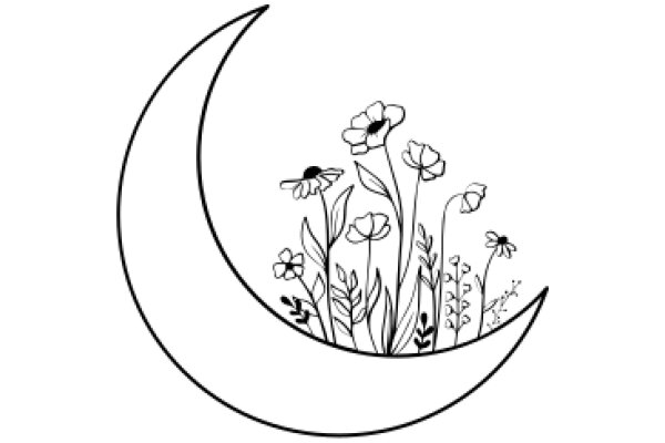 Moonlit Garden: ACrescent Moon Surrounded by Flowering Plants and a Butterfly