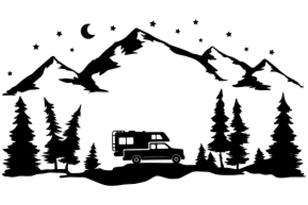 A Silhouette of a Camping Adventure with a Van and Mountains