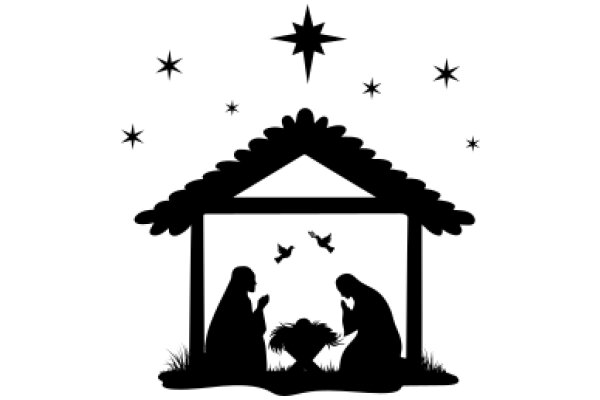 Silhouette of a Nativity Scene with Stars and Birds