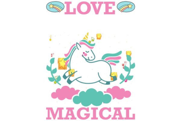 A Whimsical Illustration of a Unicorn with a Rainbow Background, Surrounded by Stars and Clouds, Celebrating the Word 'Love' with a Pink Heart and a Rainbow Flag.