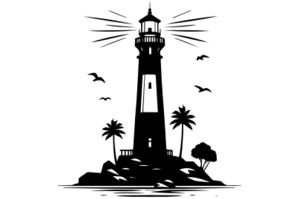 A Silhouette of a Lighthouse and Palm Trees, with Birds in Flight