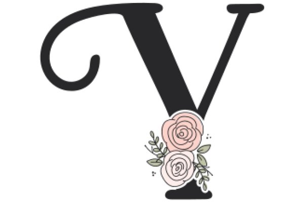 Stylized Letter V with Pink Roses and Green Leaves