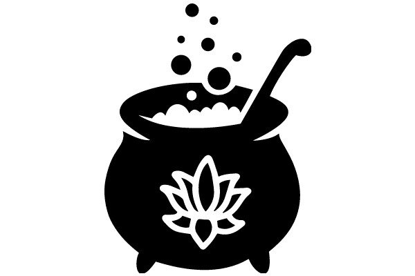 A Whimsical Illustration of a Cauldron with a Floating Flower and Bubbles