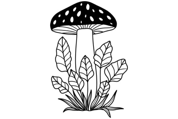 A Whimsical Illustration of a Mushroom and Leaves