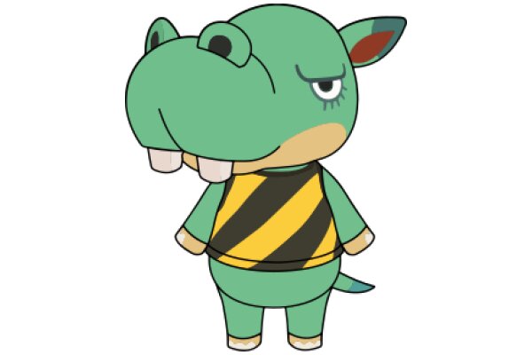 A Whimsical Cartoon of a Green Frog with a Yellow and Black Vest