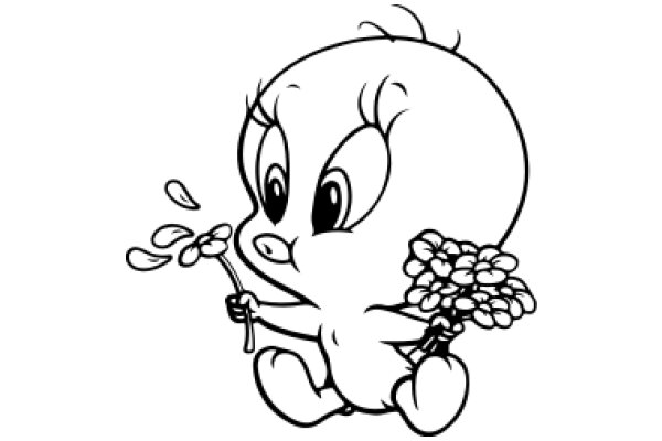 Whimsical Cartoon of a Chubby Character Holding a Flower