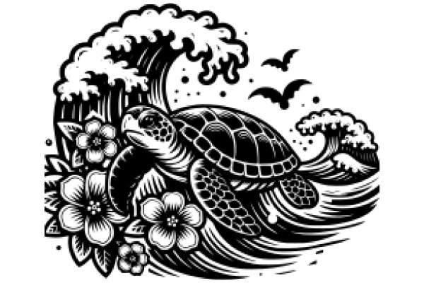 Surfing Turtle's Dream: ATurtle Riding a Wave with Flower Accents