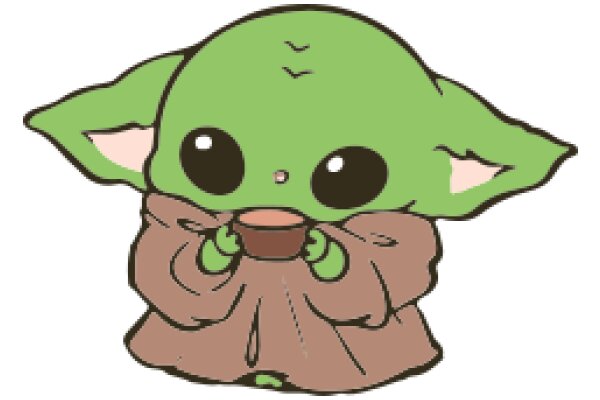 A Cute Cartoon of a Green Ewok-like Creature Holding a Cup of Coffee