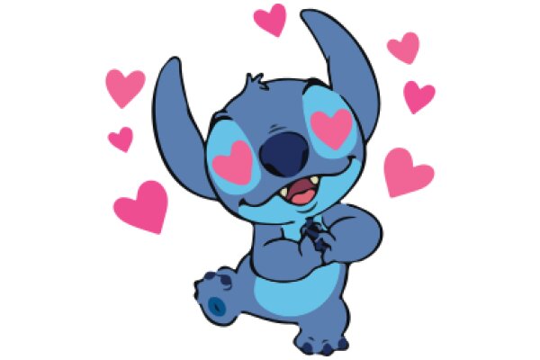 A Blue Alien with Pink Hearts Surrounding It, Expressing Joy and Love