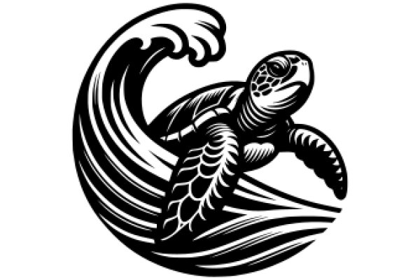 Stylized Illustration of a Turtle Riding a Wave