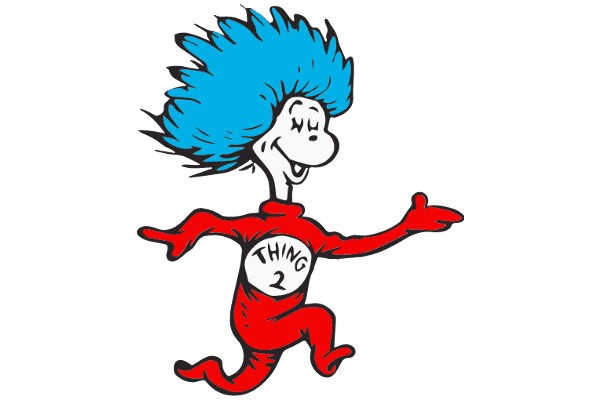 Whimsical Cartoon Character: A Blue-Haired Creature with a Red Outfit and a Smile