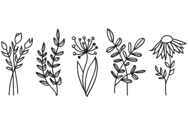 A Collection of Line Drawings of Plants and Flowers