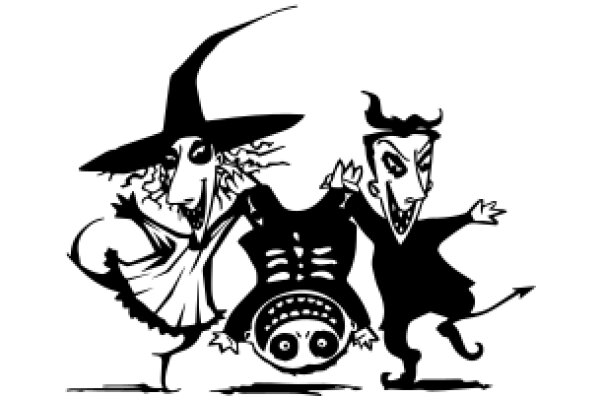 A Playful Halloween Scene with a Witch, a Devil, and a Scarecrow