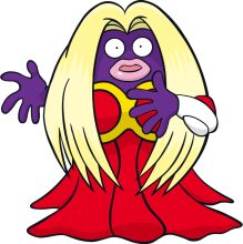 A Whimsical Character: A Purple Monster with Blonde Hair and a Red Dress