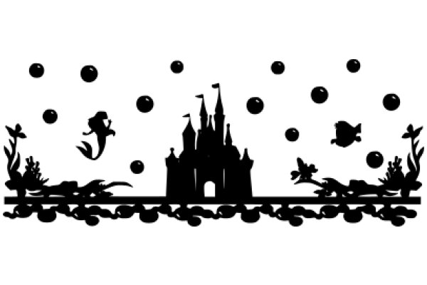 Enchanted Castle Silhouette with Floating Bubbles and Sea Creatures