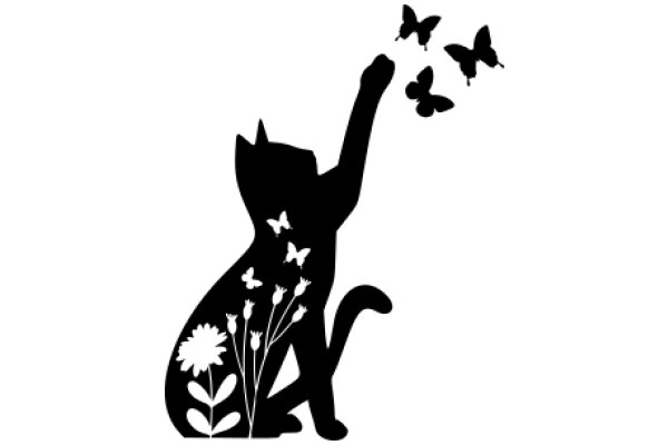 Silhouette of a Cat with Butterflies and Flowers