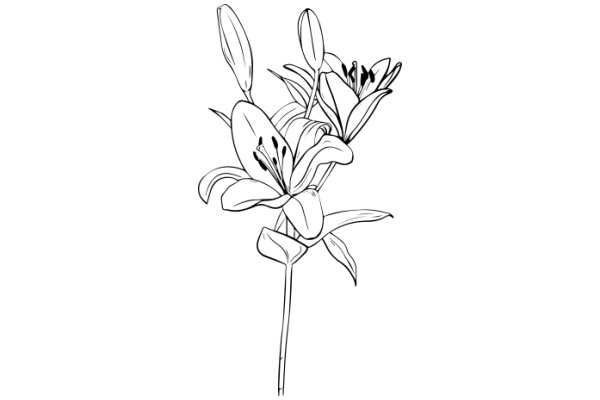 Line Drawing of a Flowering Plant with Large Leaves and Flowers