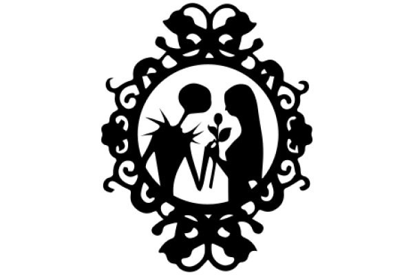 Silhouette of a Couple with a Flower, Embracing in a Heart-Shaped Frame