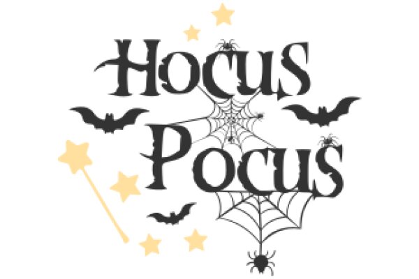 Halloween-Themed Logo with the Words 'Hocus Pocus' and Various Halloween Symbols