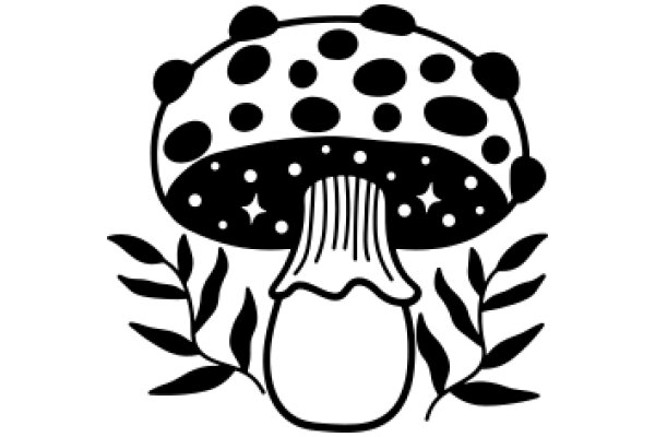 A Stylized Illustration of a Mushroom with Stars and Leaves