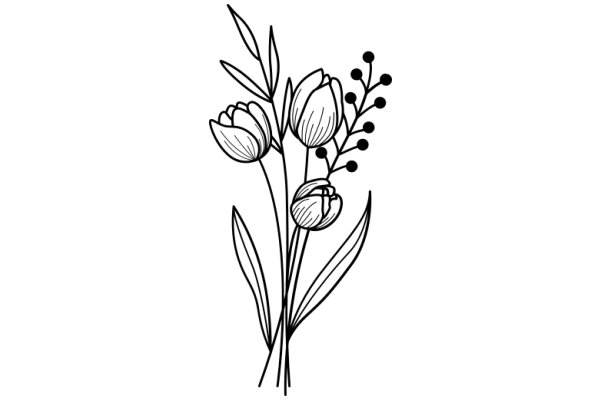 Line Drawing of a Flower Bundle with Stems and Leaves