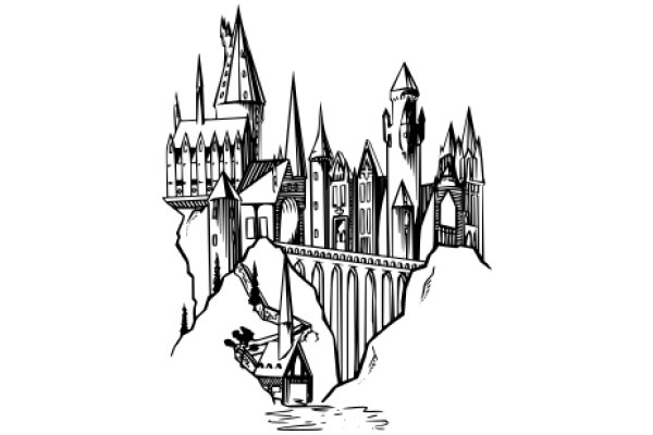 A Whimsical Illustration of a Medieval Town with Castle and Bridge