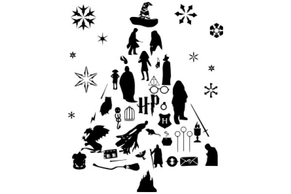 A Festive Christmas Tree Illustration with Silhouettes of People and Objects