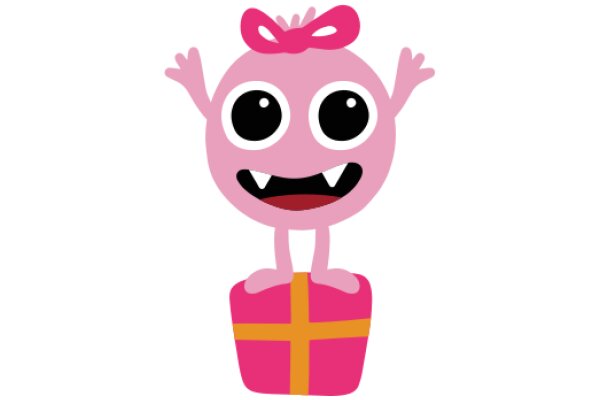 A Pink Cartoon Character with a Gift and a Bow