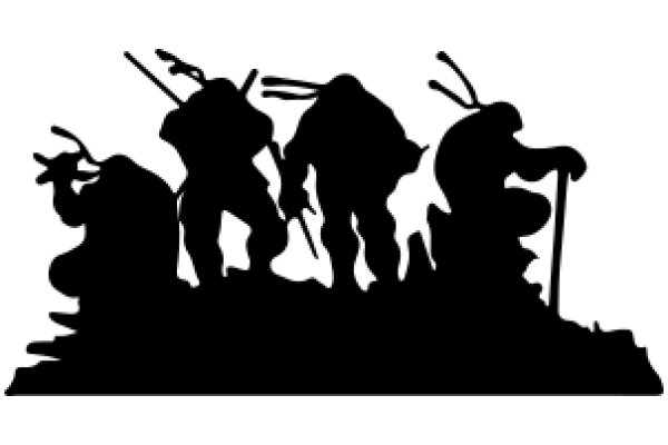 Silhouette of Three Adventurers with Backpacks and Ski Poles