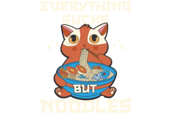 A Cute Cartoon Cat Enjoying a Bowl of Noodles