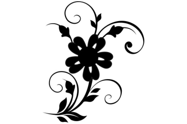 Elegant Black Flower Design with Swirling Stems and Leaves