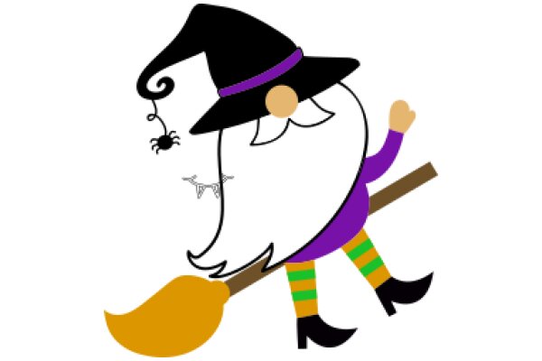 Whimsical Wizard: A Cartoon Character with a Purple Hat and a Spooky Broomstick