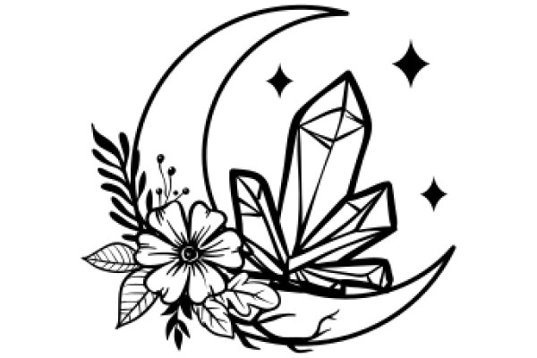 Moonlit Garden: AFlower, Crystal, and Crescent Moon with Stars