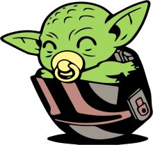 Adorable Green Baby Yoda in a Helmet, Holding a Pacifier