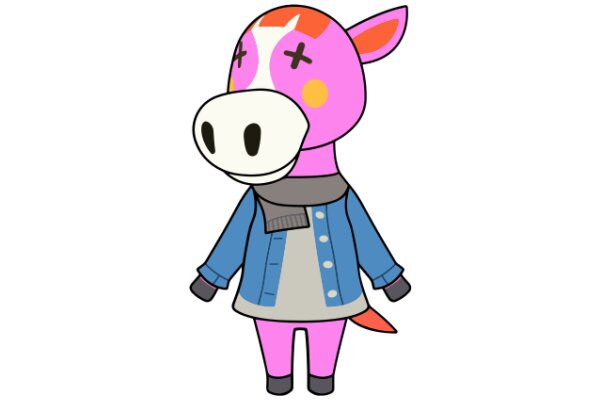 A Playful Pink Horse with a Blue Jacket and Red Ears