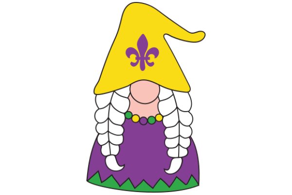 A Whimsical Character: A Yellow Hat with a Purple Dress and Green Shoes