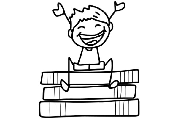 A Joyful Cartoon Character Celebrating with a Stack of Books