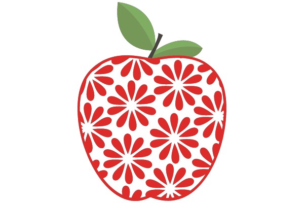 Vibrant Red Apple with Flowery Design and Green Leaf