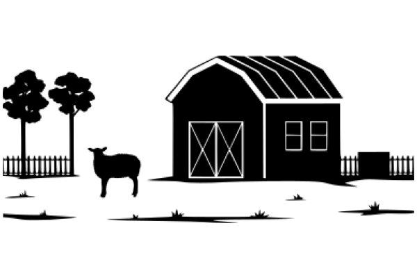 A Silhouette Scene of a Farm: A Barn, a Fence, and a Sheep