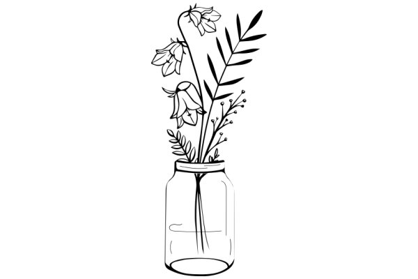 A Delicate Line Drawing of a Vase with Flowers and Leaves