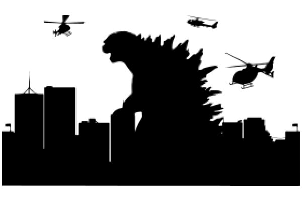 Urban Silhouette: A Cityscape with the Iconic Godzilla and Helicopters