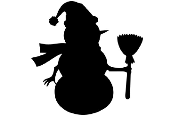 Silhouette of a Jolly Snowman with a Broom