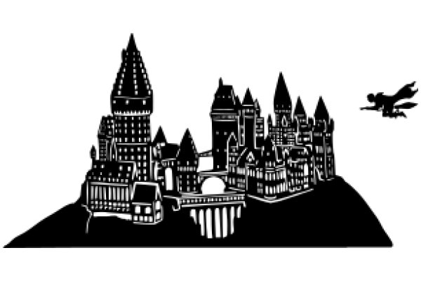 A Silhouette of a Medieval Town with a Castle and a Flying Witch