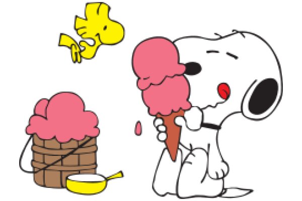 A Delightful Scene of a Dog Enjoying a Pink Ice Cream Cone